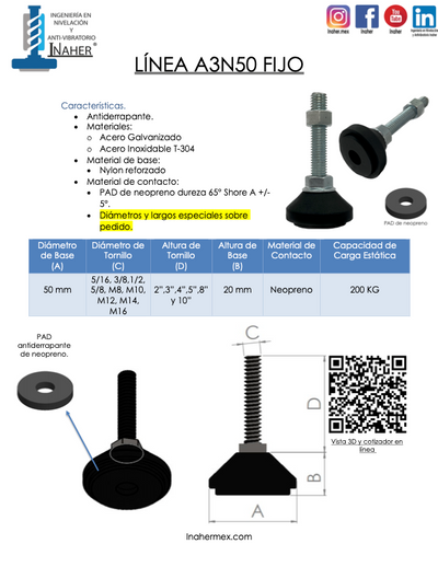 Nivelador Fijo industrial antiderrapante para 200 Kg Línea A3N50 fijo