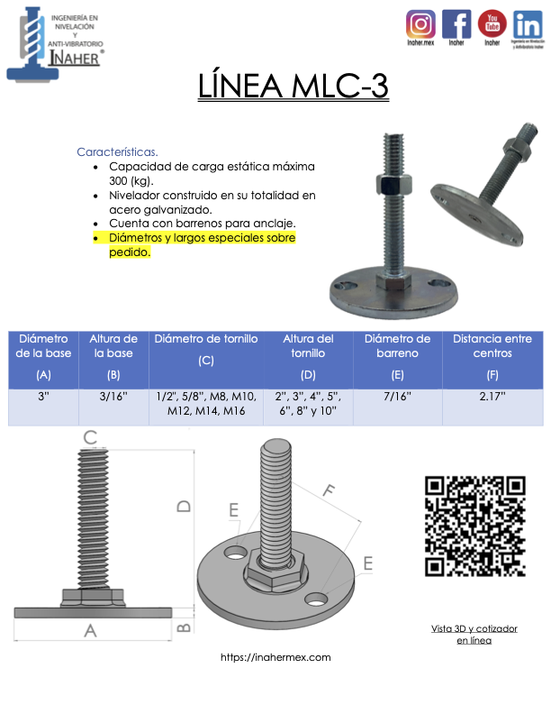 Nivelador con anclaje al piso de acero para 300 Kg Línea MLC-3