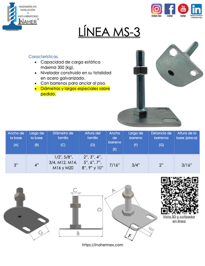 Pata niveladora con fijación al piso de acero para 300 Kg Línea MS-3