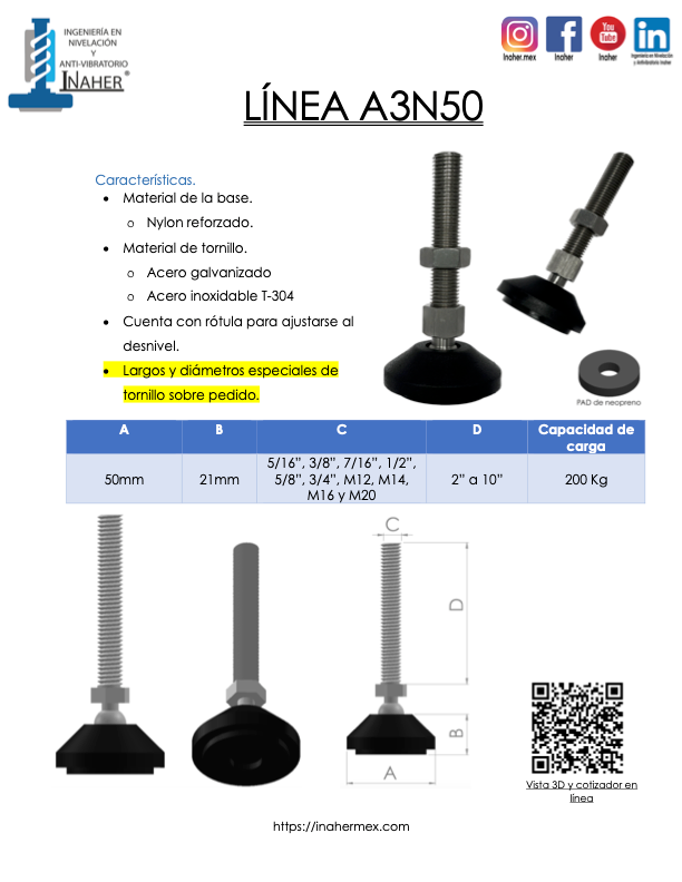 Pie de nivelación con rotúla y antiderrapante para 200Kg Línea A3N50