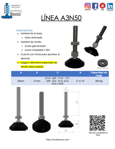 Pie de nivelación con rotúla y antiderrapante para 200Kg Línea A3N50