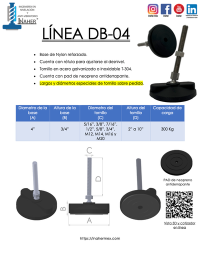 Pata niveladora articulado y antiderrapante para 300Kg Línea DB-04