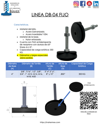 Pie de nivelación antiderrapante para 300Kg Línea DB-04 fijo