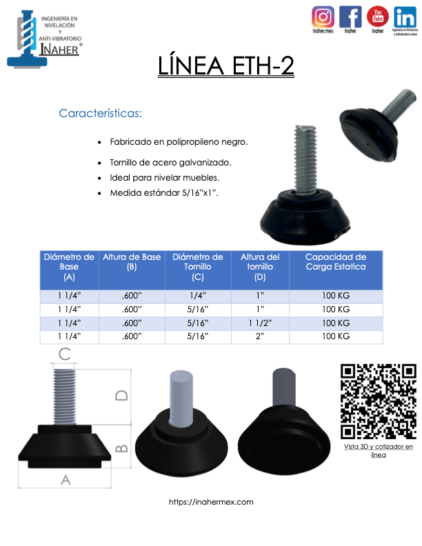 Nivelador de plastico para uso mobiliario de 5/16 x 1" ETH-2