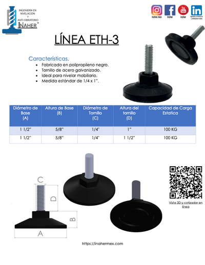 Nivelador de plastico de uso mobiliario con tornillo de 1/4" ETH-3