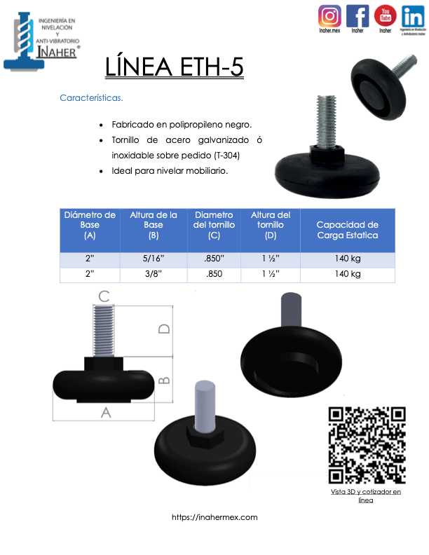 Nivelador de plastico de uso mobiliario de 3/8 x 1 1/2 ETH-5