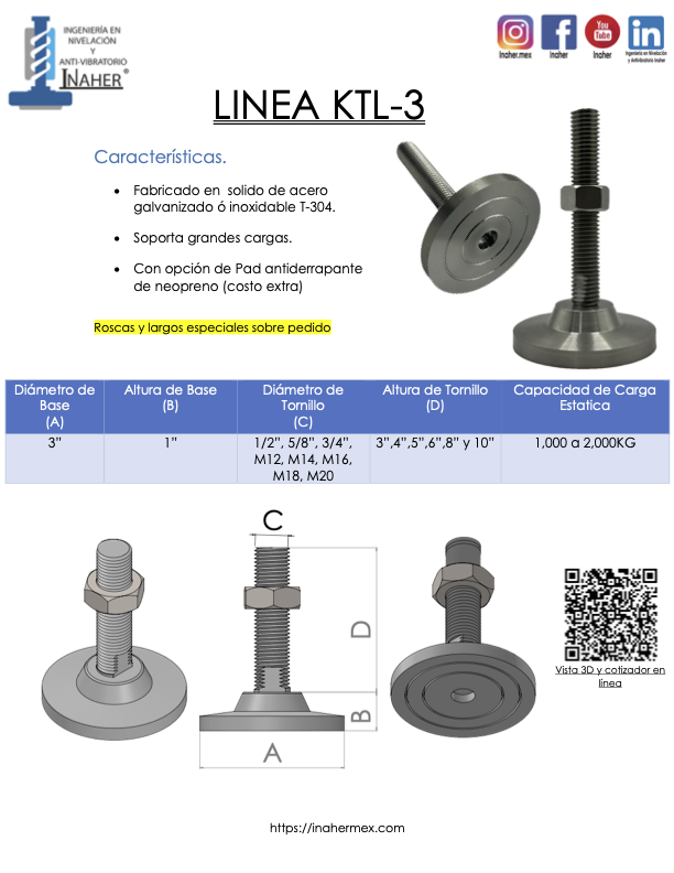 Pie de nivelación de alta resistencia para 2,000 Kg Línea KTL-3