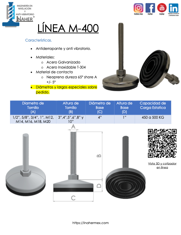 Pie de Nivelación Antivibratorio Industrial para 500 KG Línea M-400