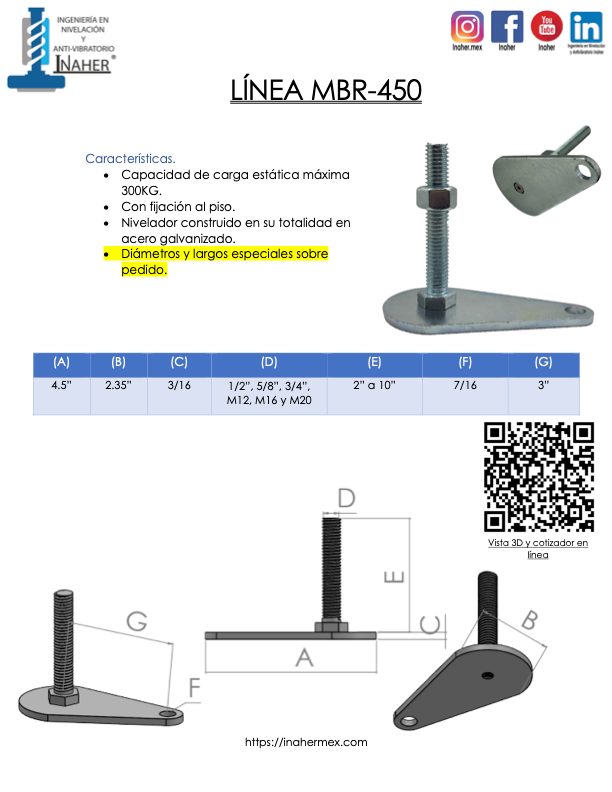 Nivelador con fijación al piso de acero para 300 Kg Línea MBR-450