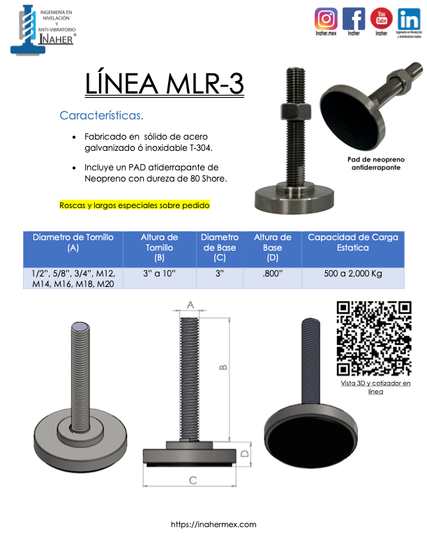 Pata niveladora de alta resistencia para 2,000 Kg Línea MLR-3