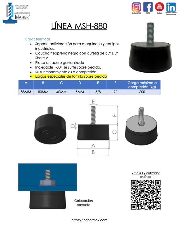 Soporte industrial antivibracion para maquinaria para 600 Kg MSH-880