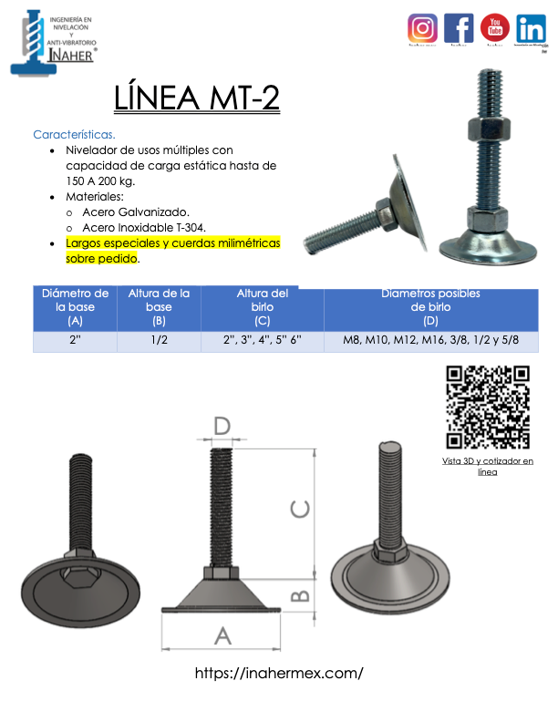 Pie de nivelación industrial uso rudo para 200 KG Línea MT-2