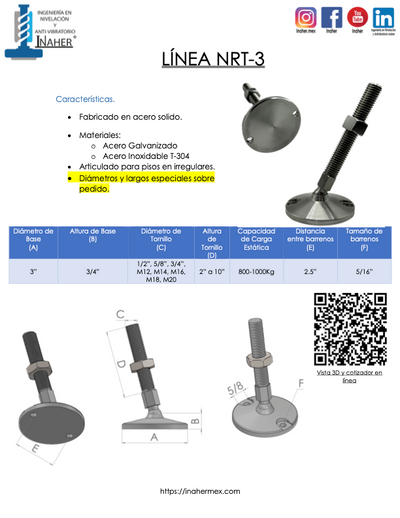 Nivelador de acero inoxidable articulado con fijación al suelo para 1000 Kg Línea NRT-3