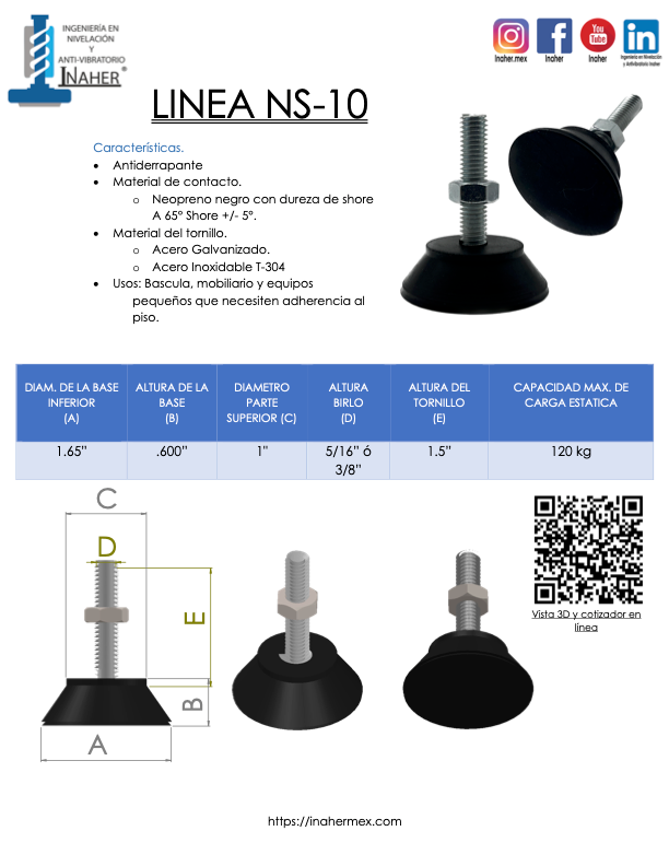 Pie nivelador antiderrapante de caucho neopreno para 120 Kg Línea NS-10