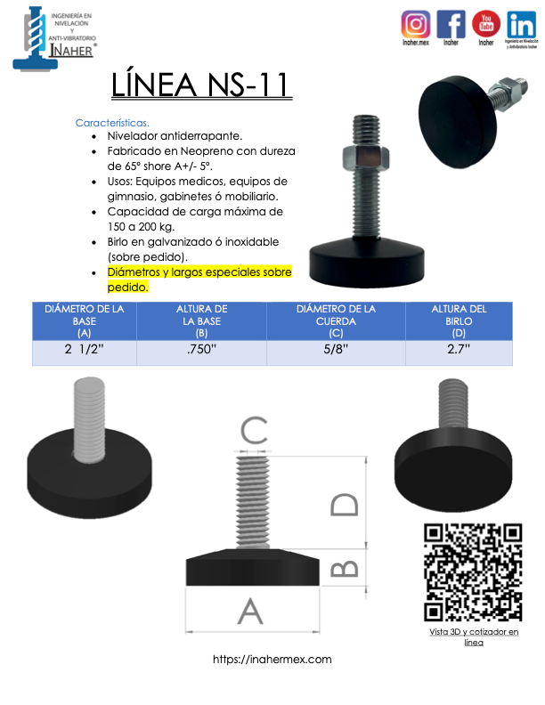 Pie de nivelación antiderrapante de caucho para 200 Kg Línea NS-11