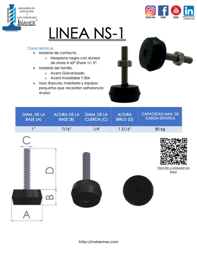 Pie de nivelación de caucho neopreno para 80Kg Línea NS-1