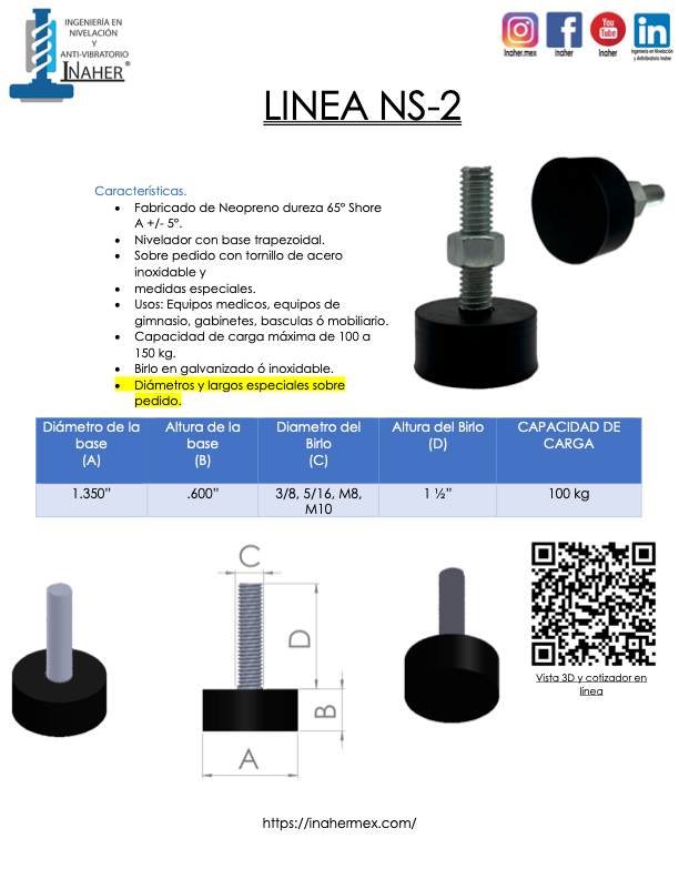 Pata niveladora antiderrapante de caucho neopreno para 100 Kg Línea NS-2