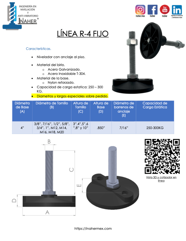 Pata niveladora industrial con fijación al piso para 300 Kg Línea R-4 fijo