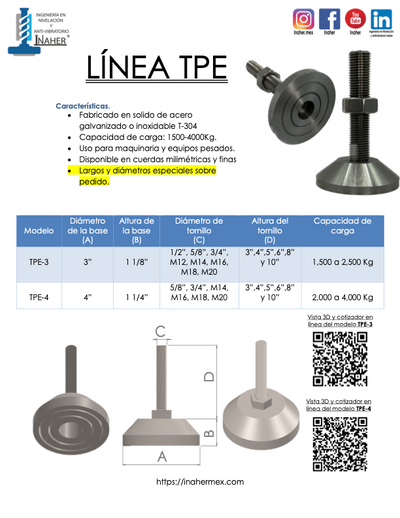 Pie de nivelación de alta resistencia para 4,000 Kg Línea TPE-4