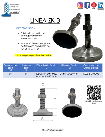 Pie de nivelación para grandes cargas antiderrapante para 2,000 Kg Línea ZK-3