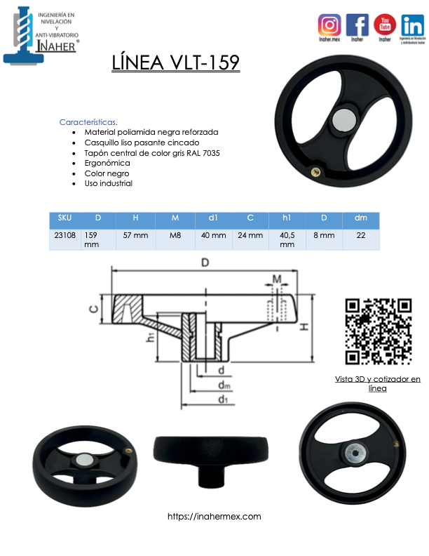 Volante industrial para maquinaría de 159mm de diámetro Línea VLT-159