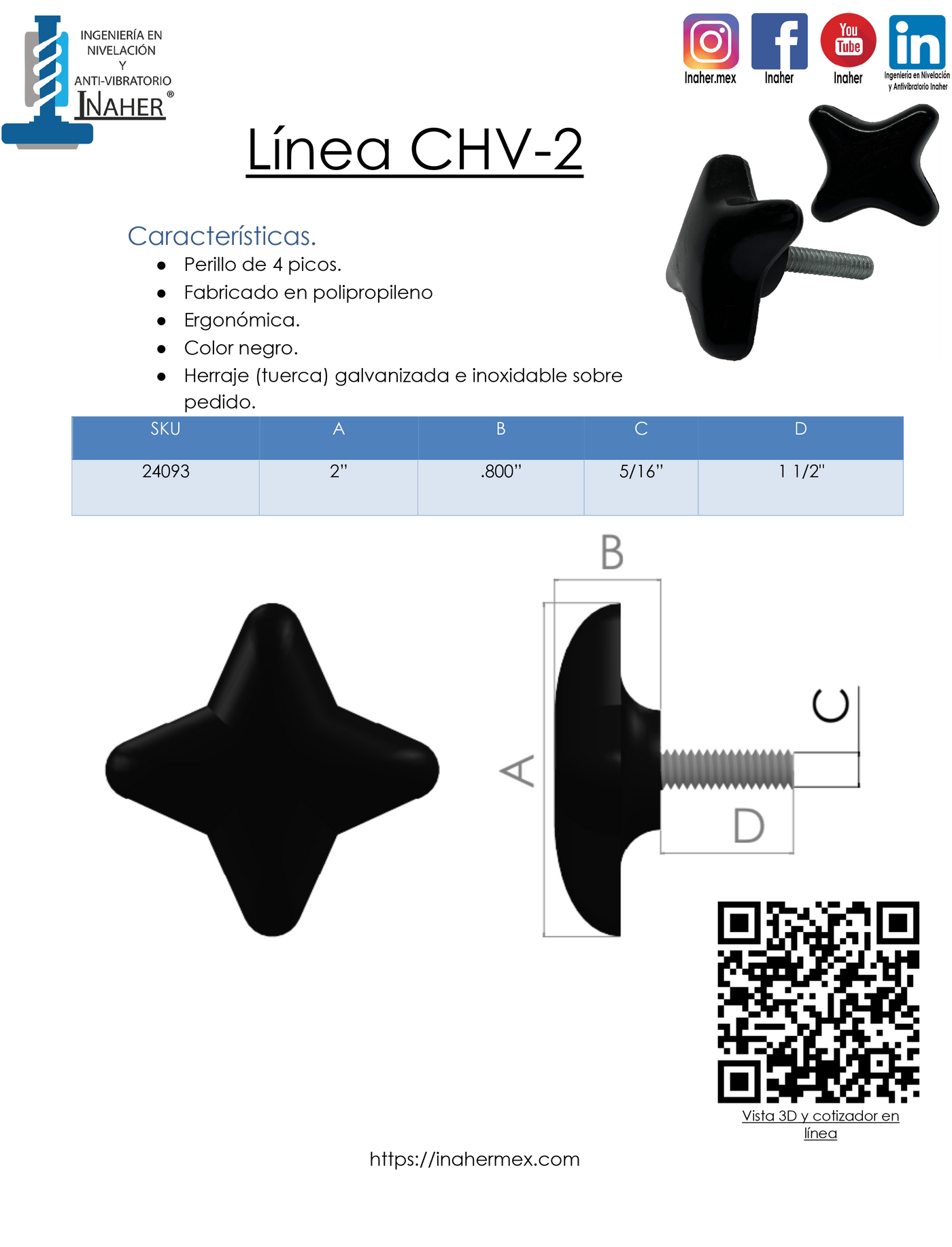 Perilla 4 picos macho con tornillo 5/16 x 1 12/"